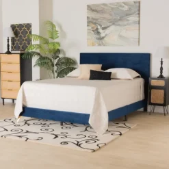 Beds & Headboards-Kirkland's Home Abba Velvet Ribbed Queen Bed Frame Blue