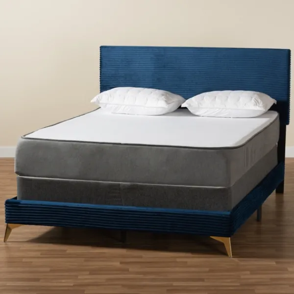 Beds & Headboards-Kirkland's Home Abba Velvet Ribbed Queen Bed Frame Blue