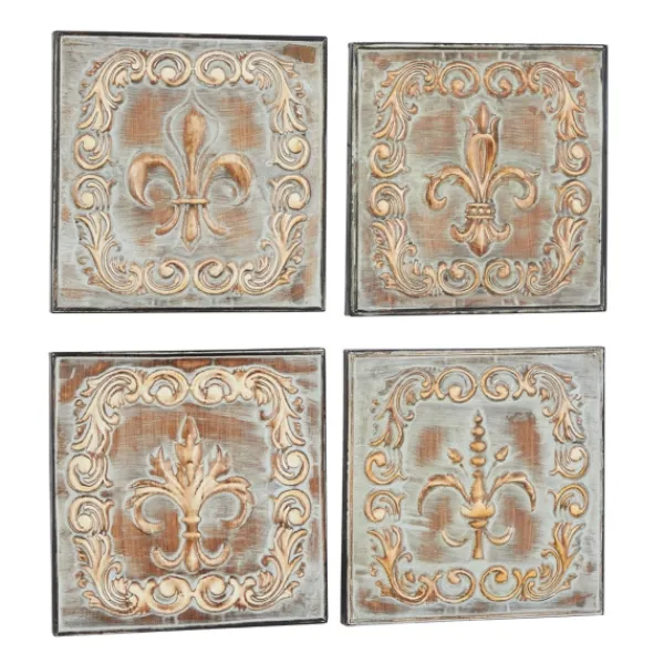 Wall Plaques-Kirkland's Home Aged Brass Fleur-De-Lis 4-Pc. Panel Wall Art Gold/Green
