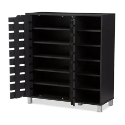 Entryway Furniture-Kirkland's Home Aldrich Black Slatted Shoe Storage Cabinet