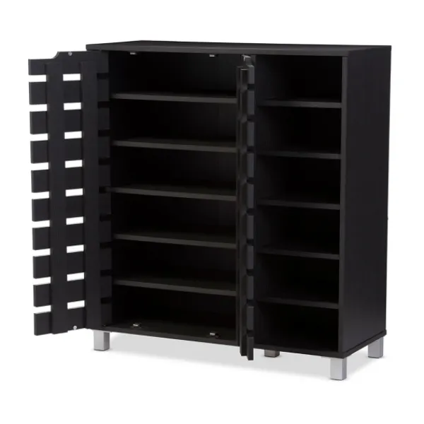 Entryway Furniture-Kirkland's Home Aldrich Black Slatted Shoe Storage Cabinet