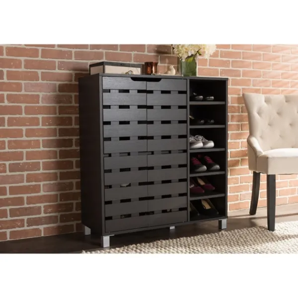 Entryway Furniture-Kirkland's Home Aldrich Black Slatted Shoe Storage Cabinet