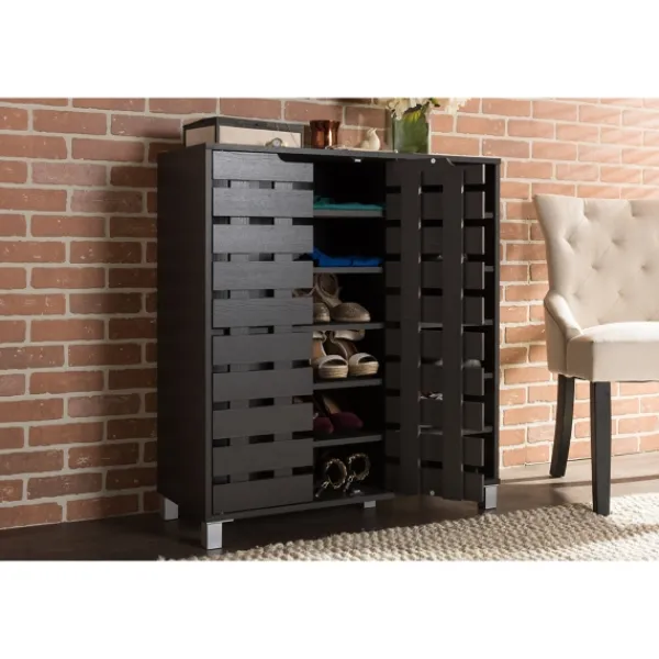 Entryway Furniture-Kirkland's Home Aldrich Black Slatted Shoe Storage Cabinet