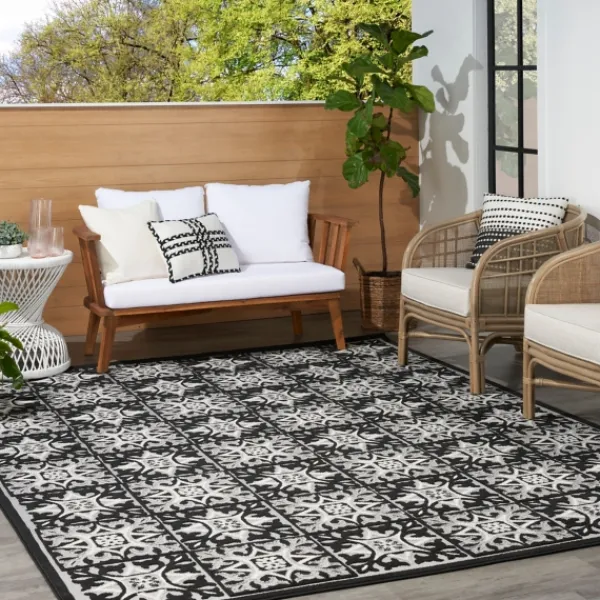 Outdoor Rugs-Kirkland's Home Aloha Black Geometric Indoor/Outdoor Area Rug, 5X7 Black/Gray