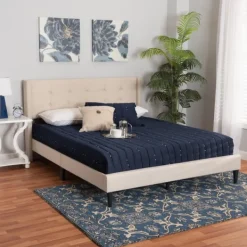 Beds & Headboards-Kirkland's Home Amala Beige Button Tufted Queen Bed Frame Tan