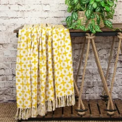 Blankets & Throws-Kirkland's Home And Beige Patterned Fringe Throw Yellow