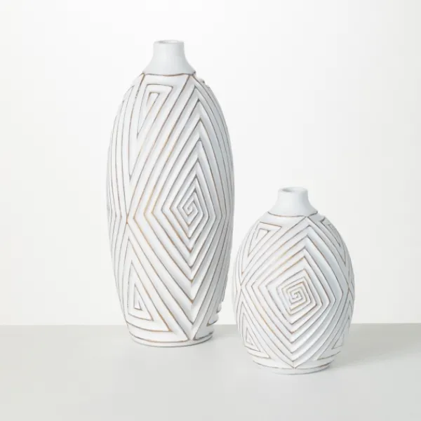 Vases-Kirkland's Home And Gold Ribbed Mod Vases, Set Of 2 White