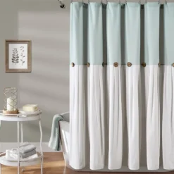 Shower Curtains-Kirkland's Home And White Button Accent Linen Shower Curtain Blue
