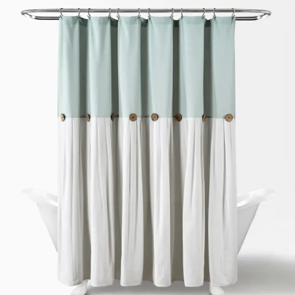 Shower Curtains-Kirkland's Home And White Button Accent Linen Shower Curtain Blue