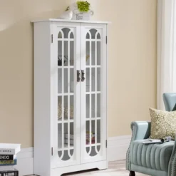 Cabinets & Sideboards-Kirkland's Home Antique White Tall Windowpane Cabinet