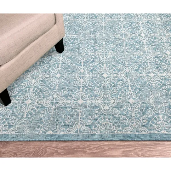 Outdoor Rugs-Kirkland's Home Aqua Embellished Indoor/Outdoor Area Rug, 3X4 Blue/White