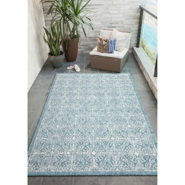 Outdoor Rugs-Kirkland's Home Aqua Embellished Indoor/Outdoor Area Rug, 3X4 Blue/White