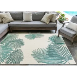 Outdoor Rugs-Kirkland's Home Aqua Forest Leaf Indoor/Outdoor Area Rug, 6X9 Green/White