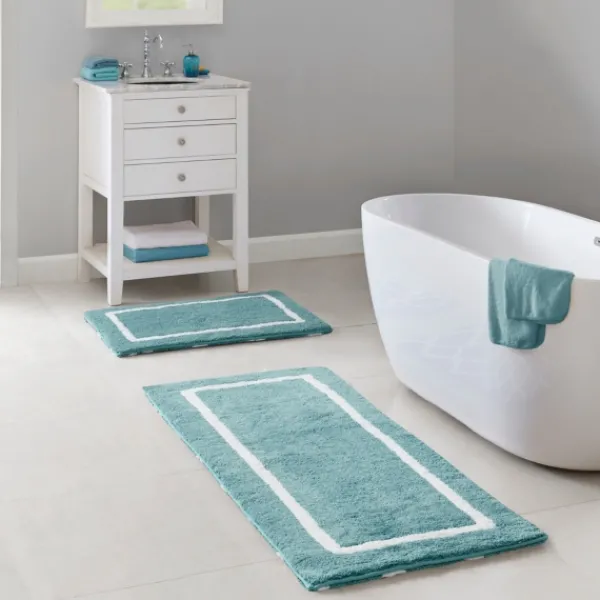 Bathroom Rugs-Kirkland's Home Aqua Geometric Pattern Reversible Bath Mat, 34 In Green/White