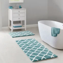 Bathroom Rugs-Kirkland's Home Aqua Geometric Pattern Reversible Bath Mat, 60 In Green/White