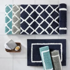 Bathroom Rugs-Kirkland's Home Aqua Geometric Pattern Reversible Bath Mat, 60 In Green/White