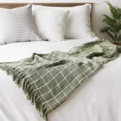 Blankets & Throws-Kirkland's Home Artichoke Plaid Fringed Throw Green
