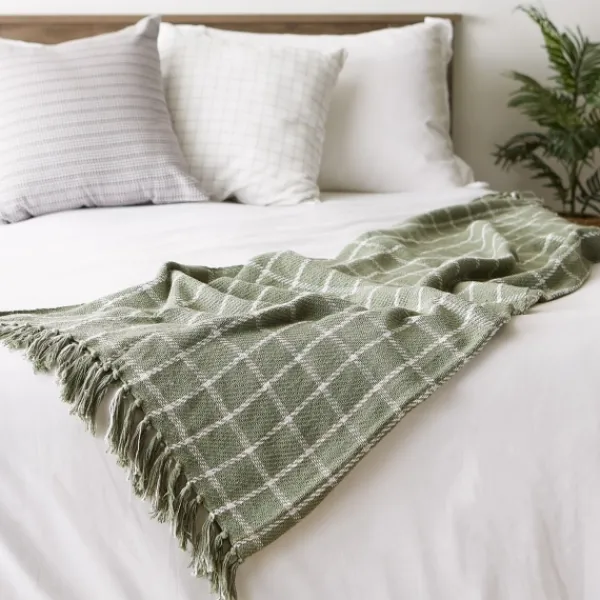 Blankets & Throws-Kirkland's Home Artichoke Plaid Fringed Throw Green