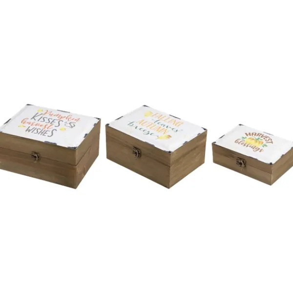 Decorative Accents-Kirkland's Home Autumn Boxes With Metal Covers, Set Of 3 White/Brown