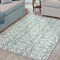 Outdoor Rugs-Kirkland's Home Azure Terrace Sun Shower Outdoor Area Rug, 5X8 Blue/Ivory