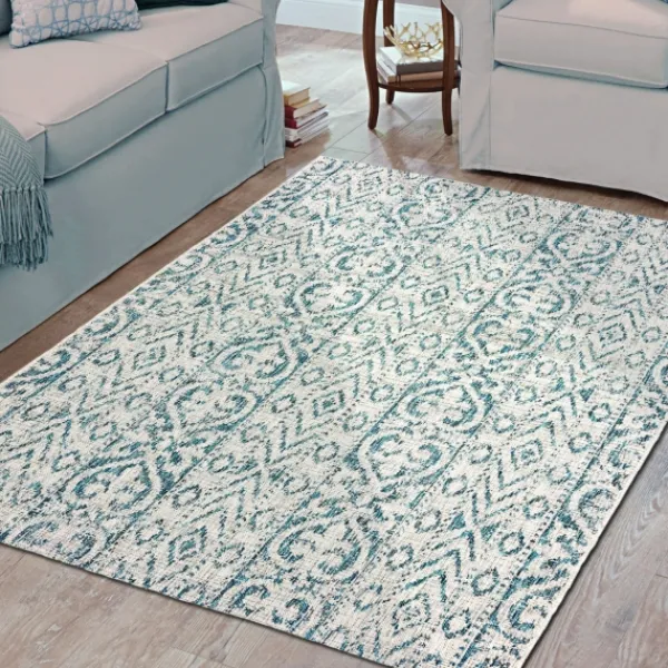 Outdoor Rugs-Kirkland's Home Azure Terrace Sun Shower Outdoor Area Rug, 5X8 Blue/Ivory