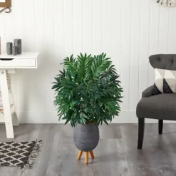 Trees & Topiaries-Kirkland's Home Bamboo Palm With Gray Planter Stand, 3 Ft.