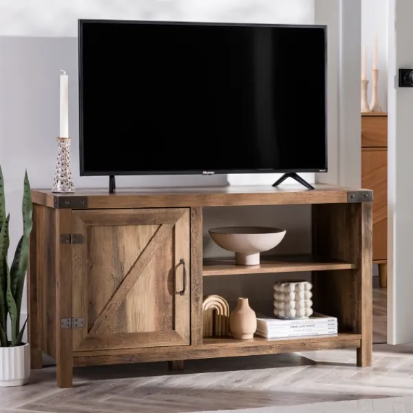 Tv Stands & Media Consoles-Kirkland's Home Barn Door Rustic Oak Tv Stand With Open Shelves Brown