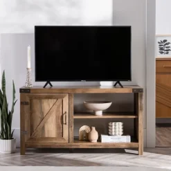 Tv Stands & Media Consoles-Kirkland's Home Barn Door Rustic Oak Tv Stand With Open Shelves Brown