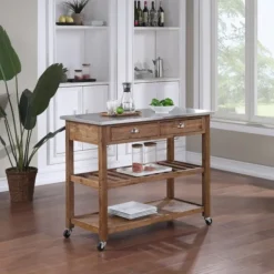 Kitchen Islands & Bar Carts-Kirkland's Home Barnwood Sonoma Stainless Steel Top Kitchen Cart Brown