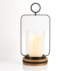 Candle Holders-Kirkland's Home Beaded Trim Wood And Metal Hurricane Brown/Black