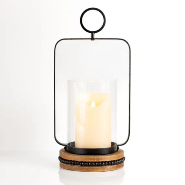 Candle Holders-Kirkland's Home Beaded Trim Wood And Metal Hurricane Brown/Black
