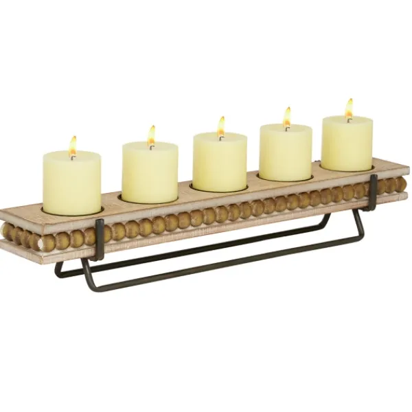 Candle Holders-Kirkland's Home Beaded Wood And Metal Base Candle Holder Brown