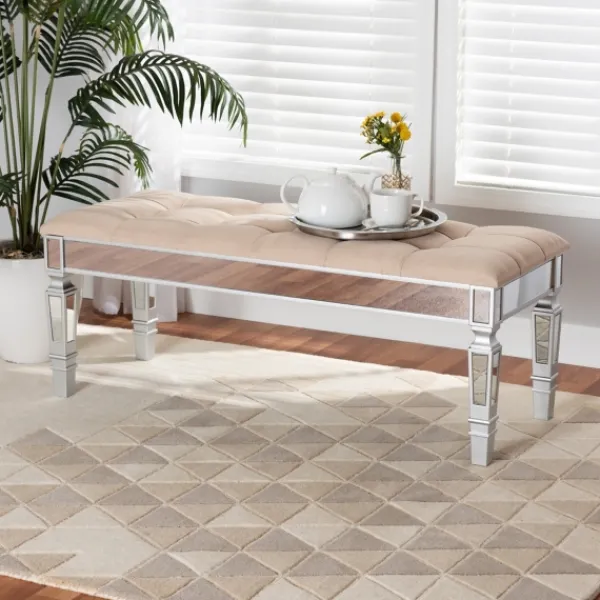 Benches & Ottomans-Kirkland's Home Beige Button Tufted Bench With Mirrored Base Tan