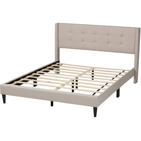 Beds & Headboards-Kirkland's Home Beige Button Tufted Headboard Full Platform Bed Tan