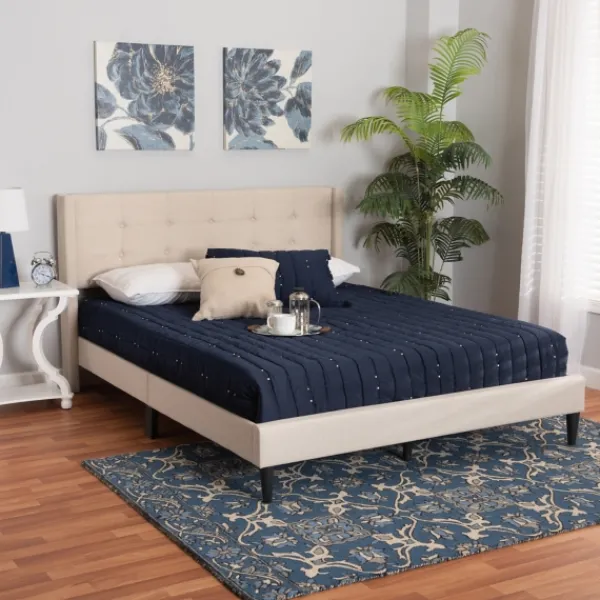Beds & Headboards-Kirkland's Home Beige Button Tufted Headboard Full Platform Bed Tan
