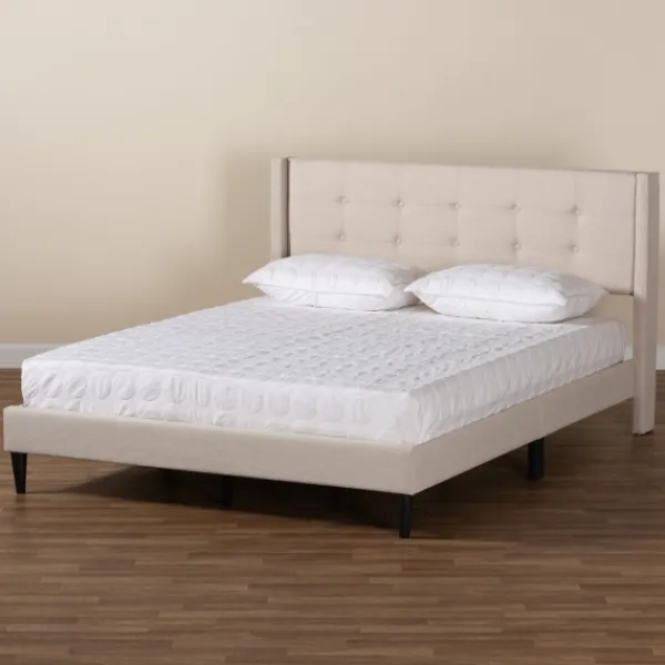 Beds & Headboards-Kirkland's Home Beige Button Tufted Headboard Full Platform Bed Tan