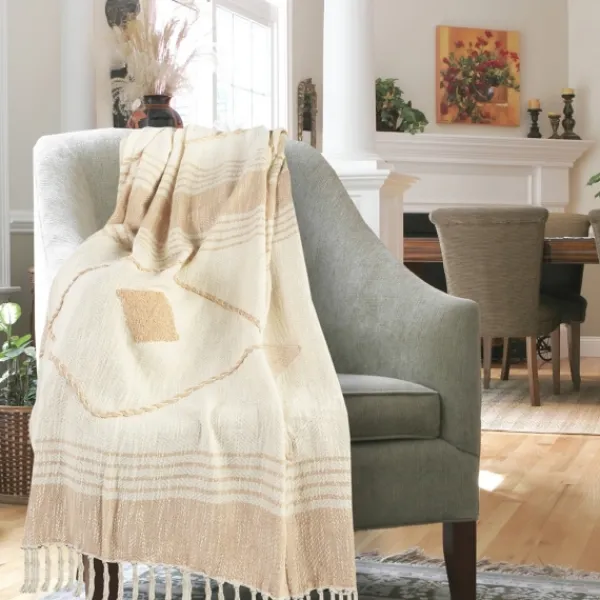 Blankets & Throws-Kirkland's Home Beige Cotton Diamond Geometric Fringe Throw Tan