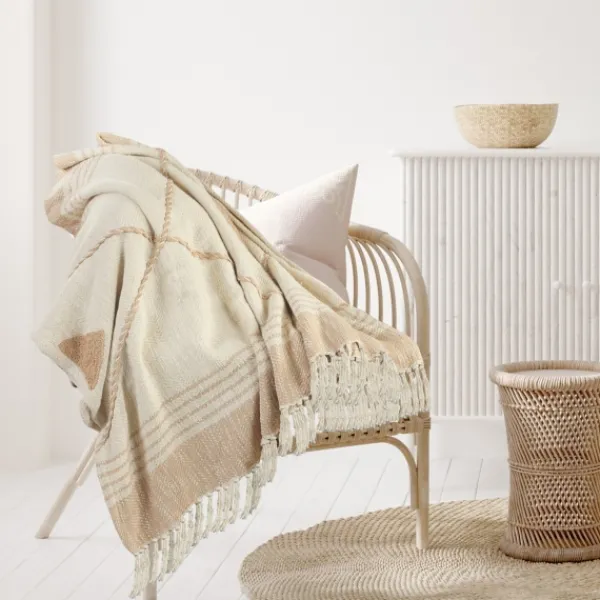 Blankets & Throws-Kirkland's Home Beige Cotton Diamond Geometric Fringe Throw Tan