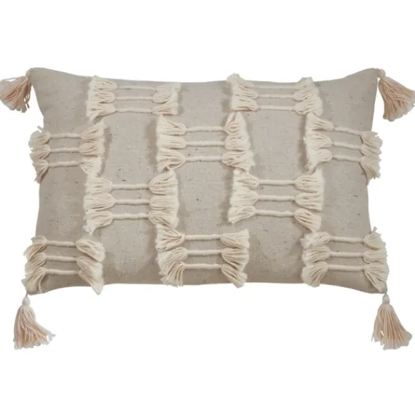 Pillows-Kirkland's Home Beige Frayed Tassel Lumbar Pillow Tan/White
