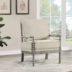 Accent Chairs-Kirkland's Home Beige Liam Turned Leg Accent Chair Ivory