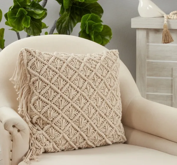Blankets & Throws-Kirkland's Home Beige Macrame Design Throw Pillow Tan
