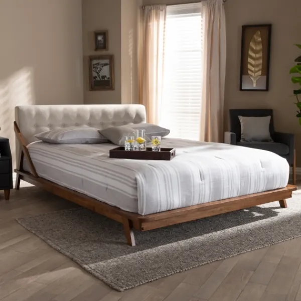 Beds & Headboards-Kirkland's Home Beige Tufted And Natural Walnut Full Platform Bed Tan