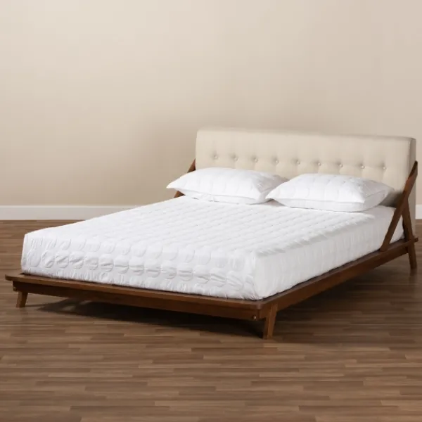 Beds & Headboards-Kirkland's Home Beige Tufted And Natural Walnut Full Platform Bed Tan