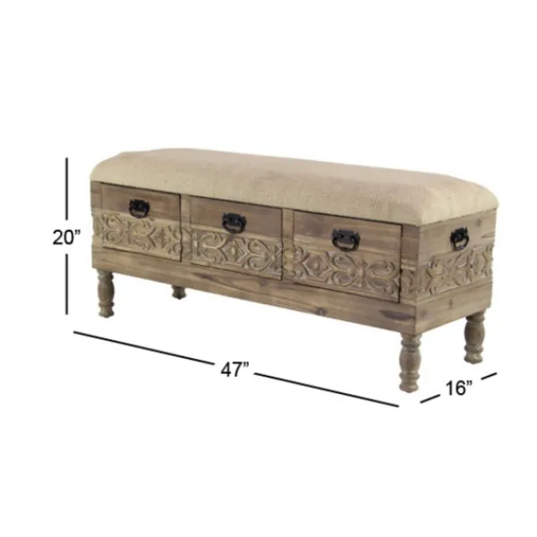 Benches & Ottomans-Kirkland's Home Beige Upholstered Acanthus Carved Wooden Bench Tan