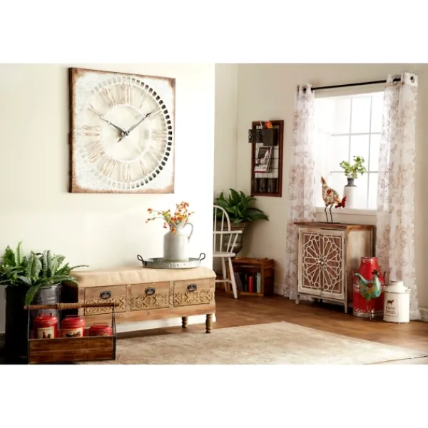 Benches & Ottomans-Kirkland's Home Beige Upholstered Acanthus Carved Wooden Bench Tan