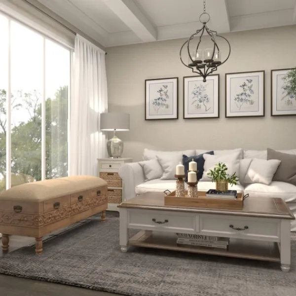Benches & Ottomans-Kirkland's Home Beige Upholstered Acanthus Carved Wooden Bench Tan