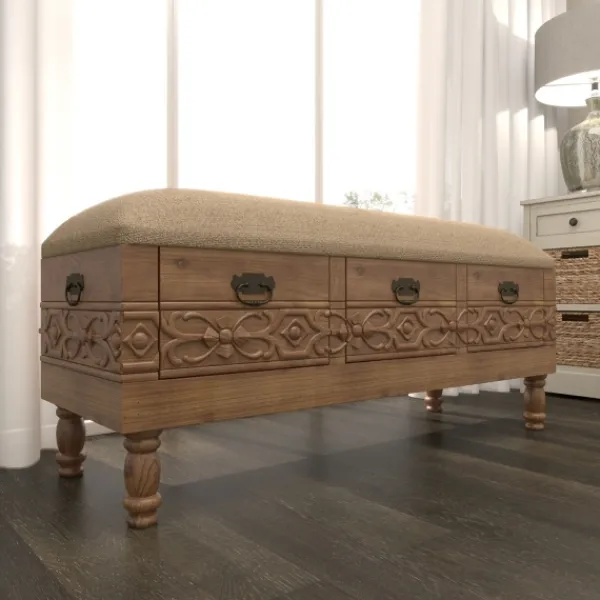Benches & Ottomans-Kirkland's Home Beige Upholstered Acanthus Carved Wooden Bench Tan