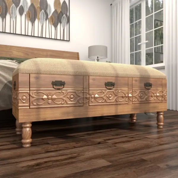 Benches & Ottomans-Kirkland's Home Beige Upholstered Acanthus Carved Wooden Bench Tan