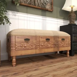 Benches & Ottomans-Kirkland's Home Beige Upholstered Acanthus Carved Wooden Bench Tan