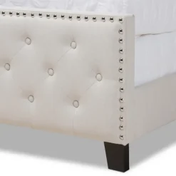 Beds & Headboards-Kirkland's Home Beige Upholstered Button Tufted King Panel Bed Ivory